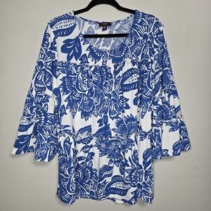 Cocomo Womens Tiered Bell Sleeve Peasant Top Size 2X White Blue Floral Flowy